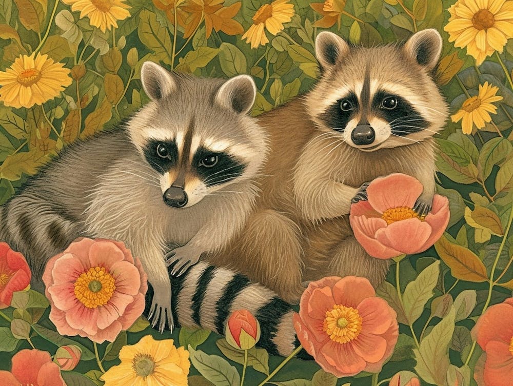 Floral Animal Illustration Raccoon 2