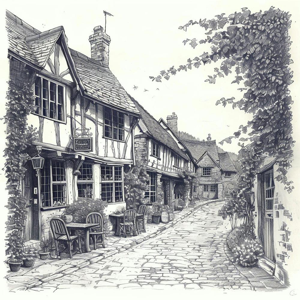 Street In Old England Vintage Drawing UK
