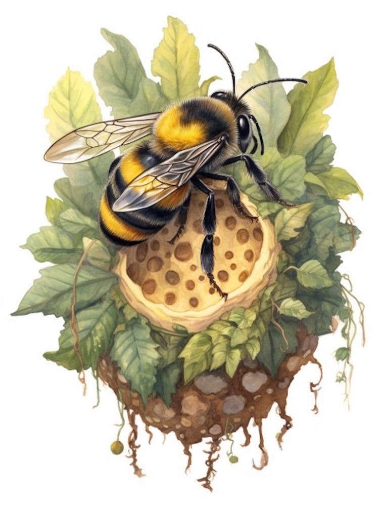 Yellow Faced Bumble Beehive Watercolour Illustration 1