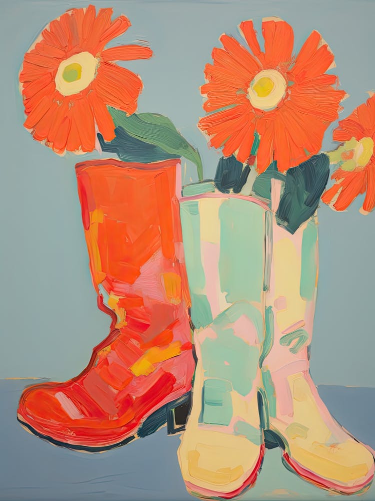 Painting Of Red Flowers And Cowboy Boots, Oil Style 8