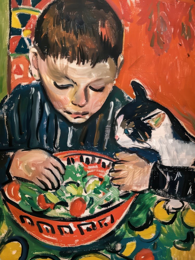 Portrait Of A Boy With Cats Eating A Salad 3