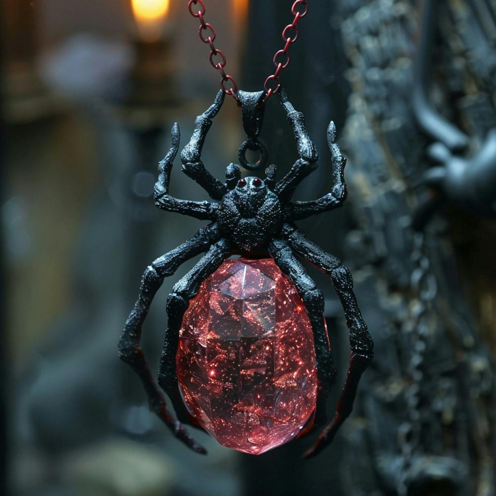 Crystal Black Widow Spider Pendant Hyperrealistic, Backlight, Highly Realistic, High Quality Photo, Asymmetry, Colorized