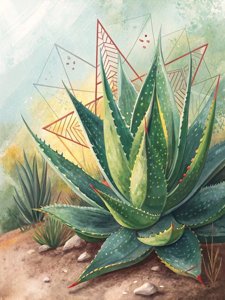 Oil Painting Style Stylized Aloe Vera With Geometric