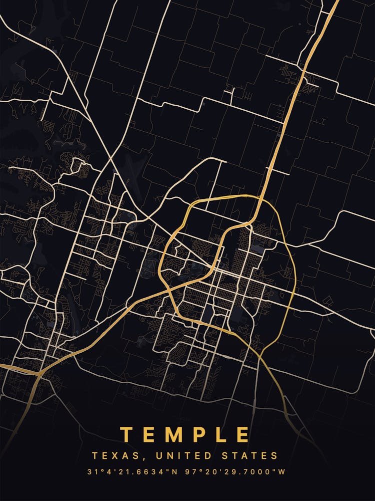 Temple Texas United States A Black And Gold Map