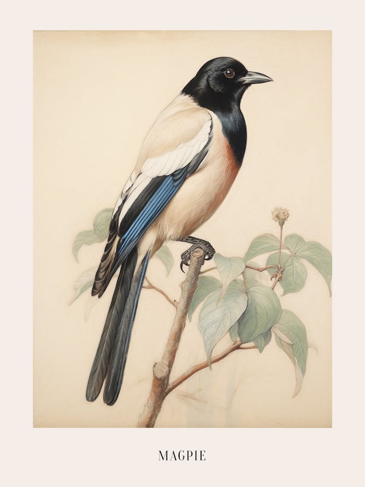Vintage Bird Drawing Magpie 3 Poster