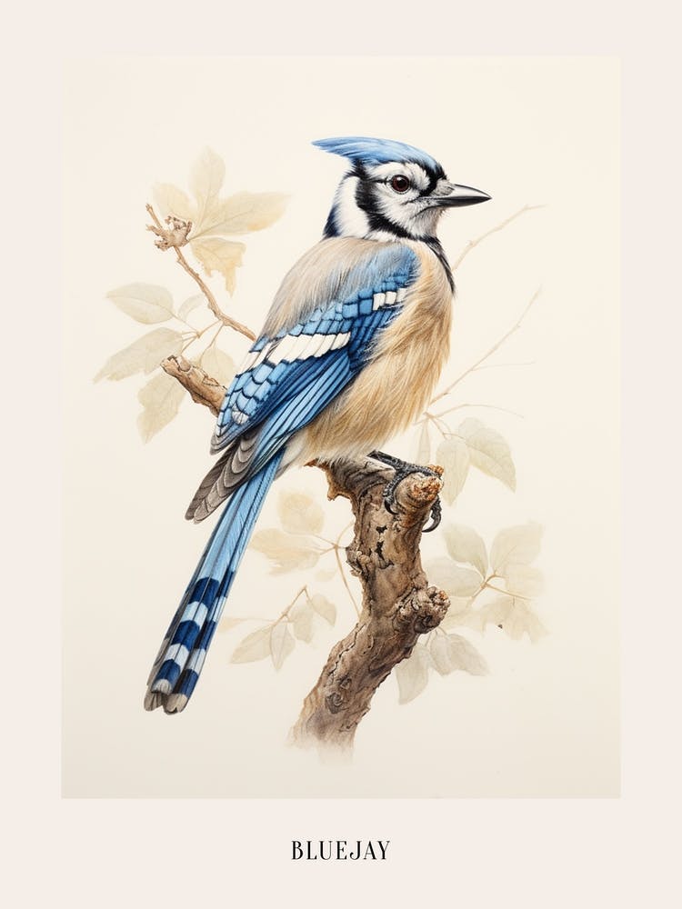 Vintage Bird Drawing Bluejay Poster