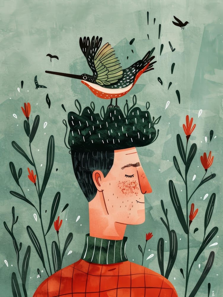 Illustration Of A Man With A Bird On His Head