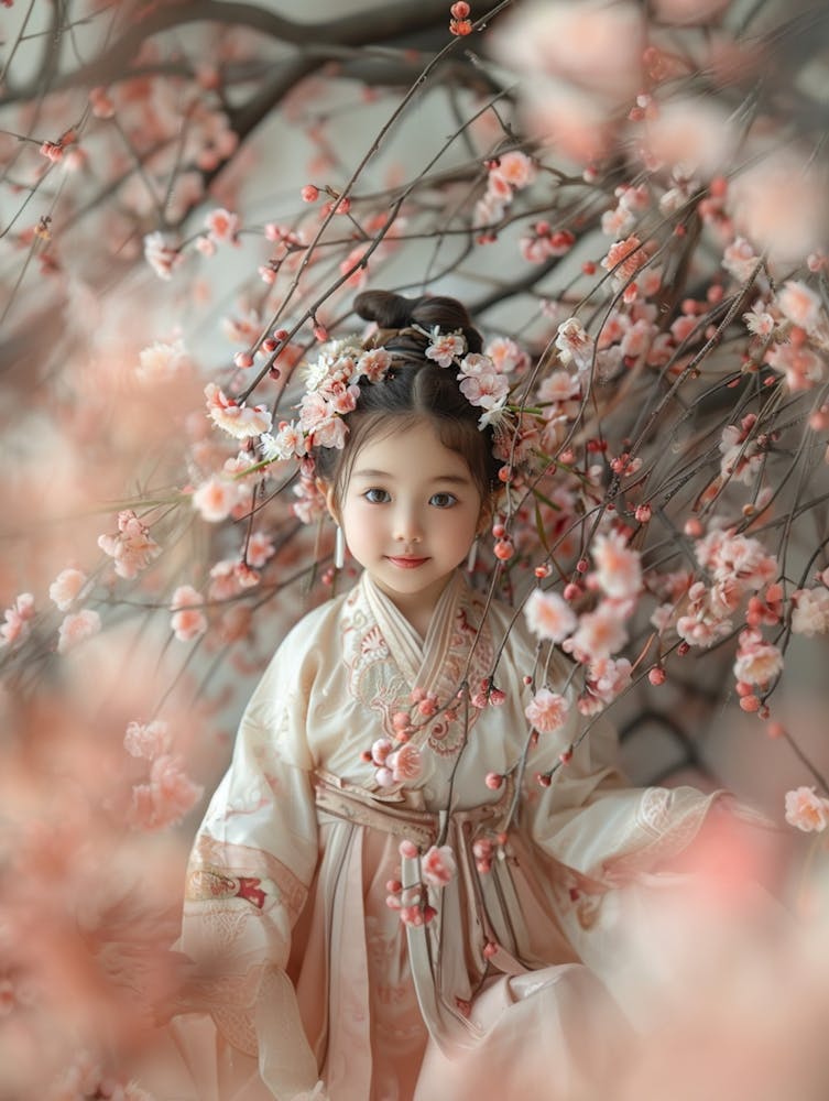 Blick geradeaus halten, Extrem-Totale, Weitwinkel, Ein süßes chinesisches Baby in traditioneller chinesischer Hanfu, umgeben von Azaleenblüten, mit einem riesigen chinesischen Berg- und See-klassischen Phönix hinter sich, lächelnd, Minimalistisch
