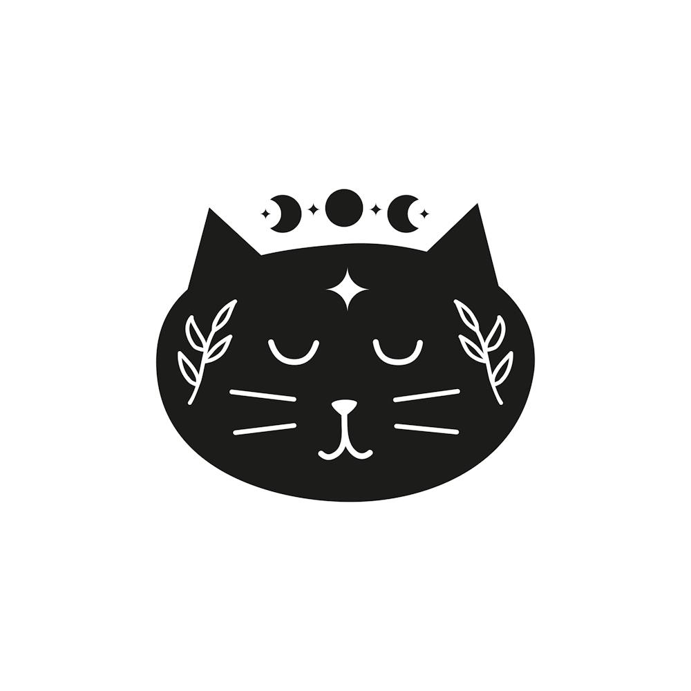 Black Boho Cat Character With Moon Leafy Branches Stars 1