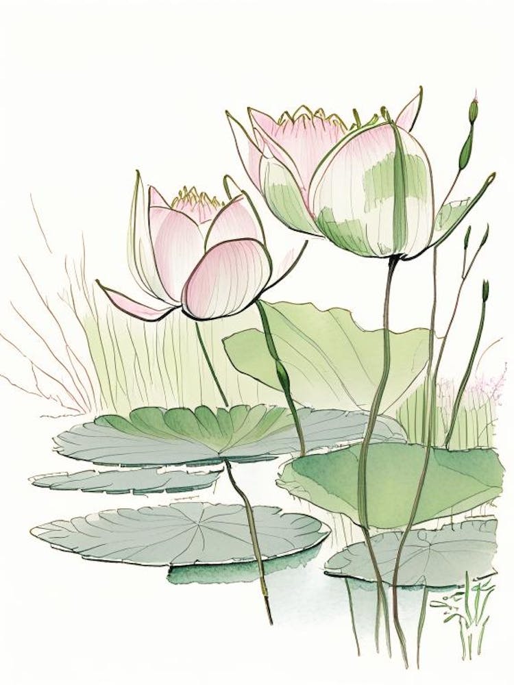Lotus Flowers In Park Pencil Illustration 5