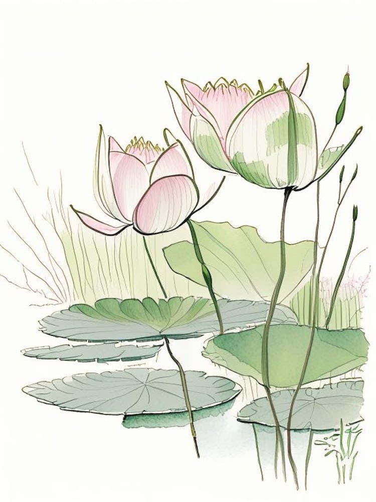 Lotus Flowers In Park Pencil Illustration 5
