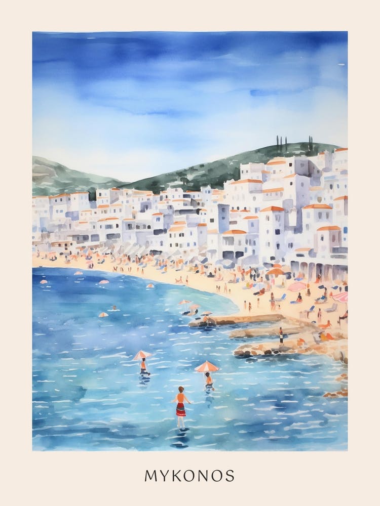 Swimming In Mykonos Greece Watercolour Poster