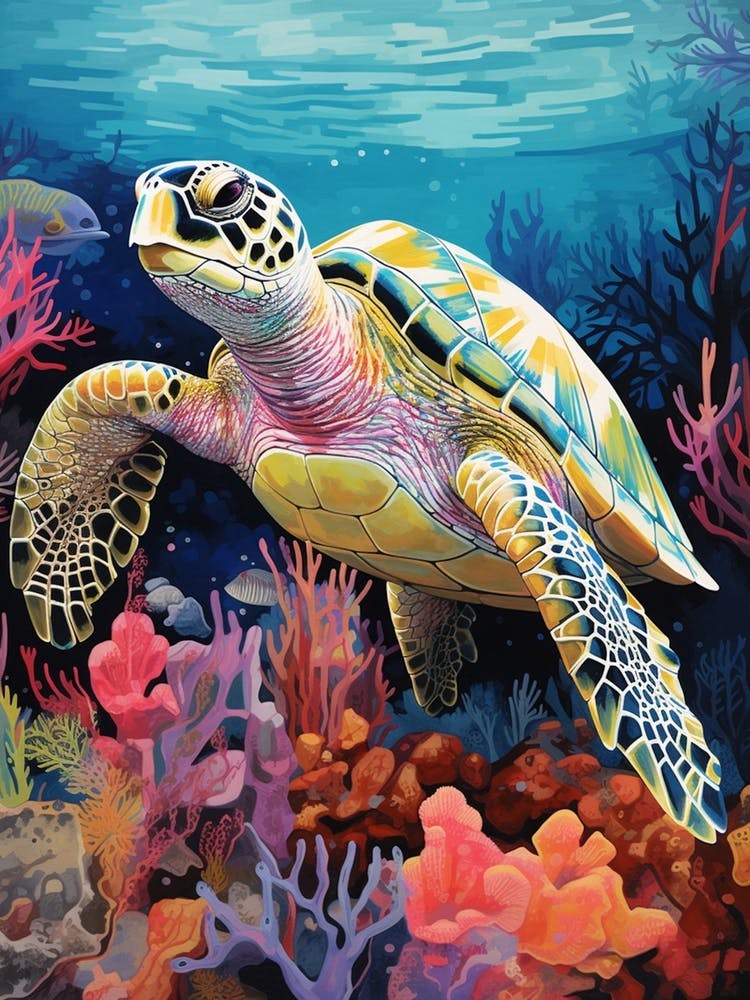 Vivid Pastel Turtle With Aquatic Plants 1