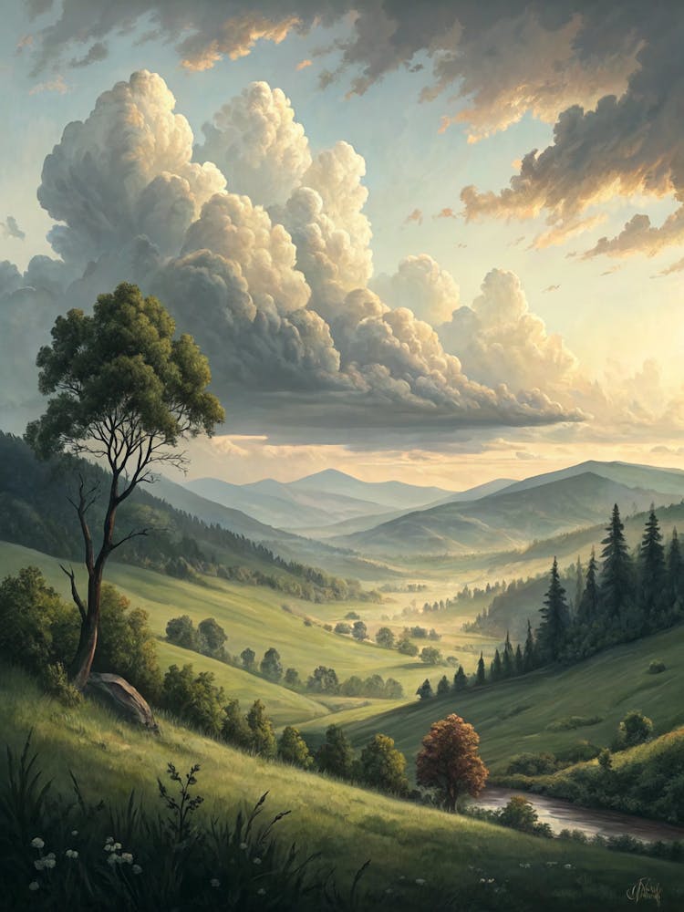 Style Peinture à l'Huile Ciel Nuageux Subtil Sur Paysage Paisible