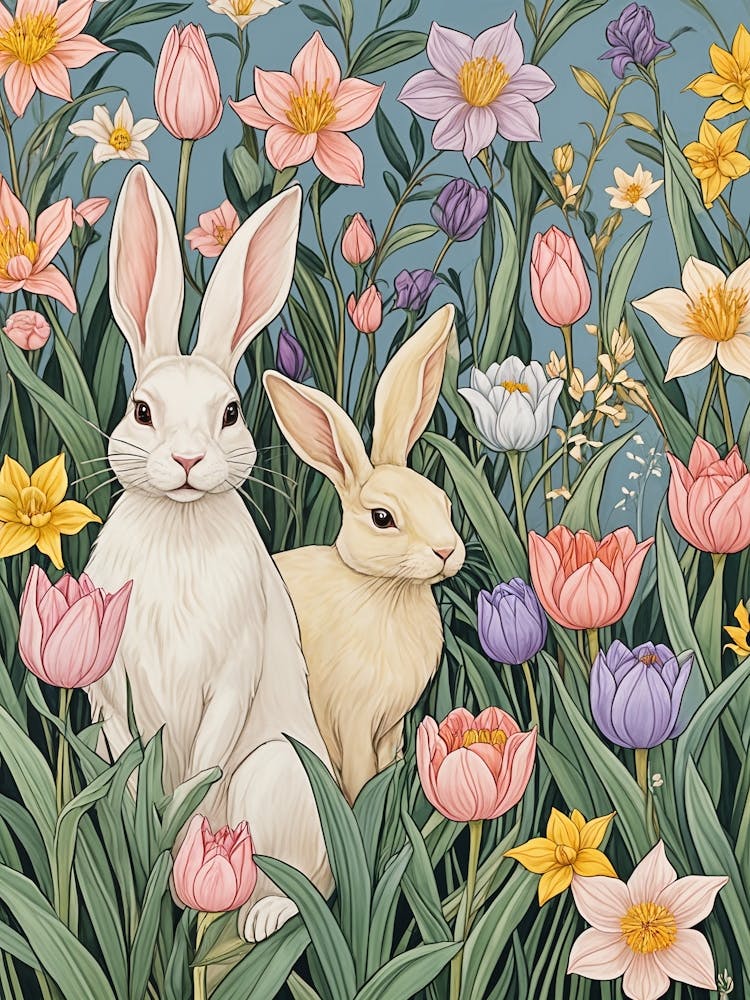 Two Rabbits In The Flower Garden Art Print by Daydream Pacific – Fy!