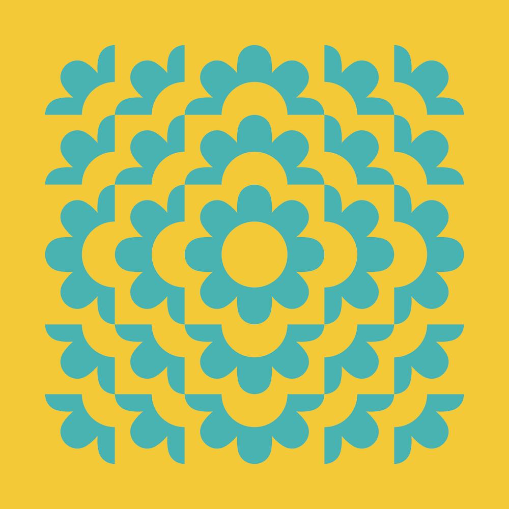 Midcentury Modern Abstract Geometric Flower Pattern Floral in blue teal mustard 1