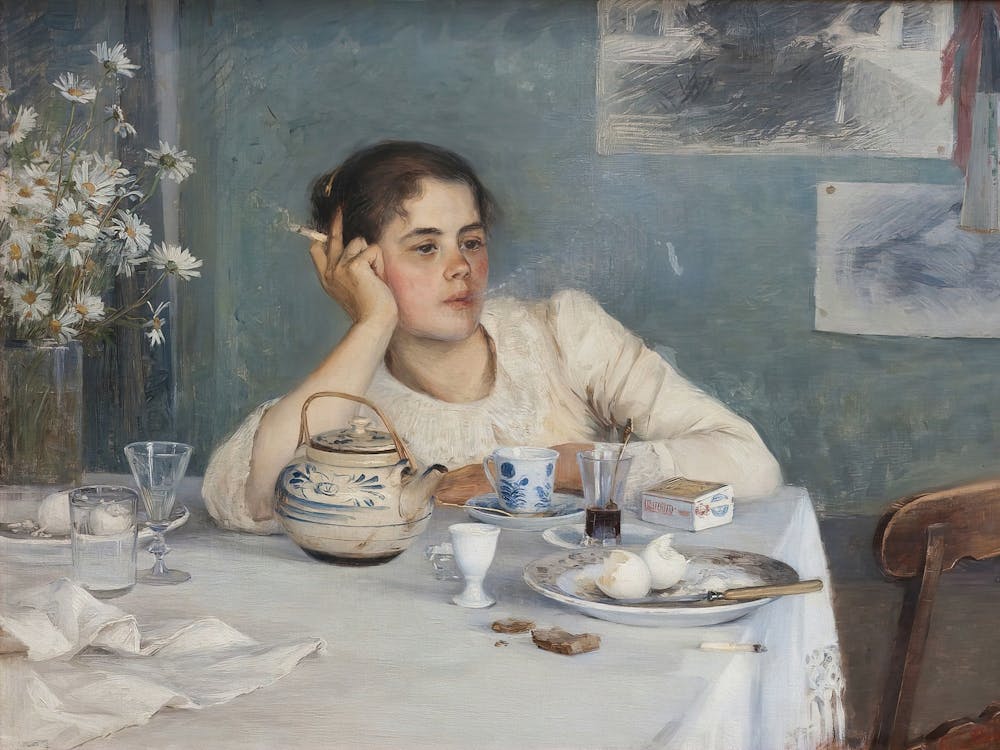 Woman Smoking At Breakfast Table, Moody Vintage Woman Portrait