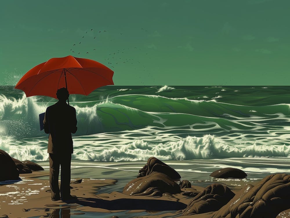 Man On Beach With Umbrella