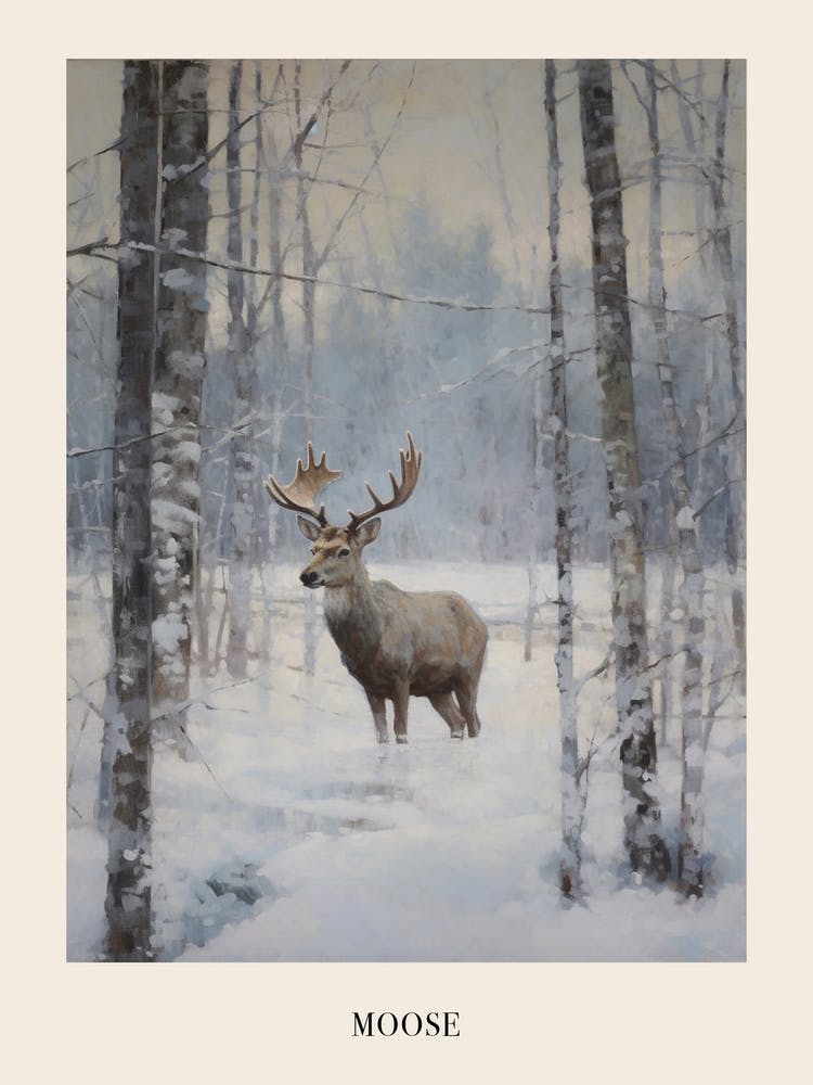 Vintage Winter Animal Painting Poster Moose 1