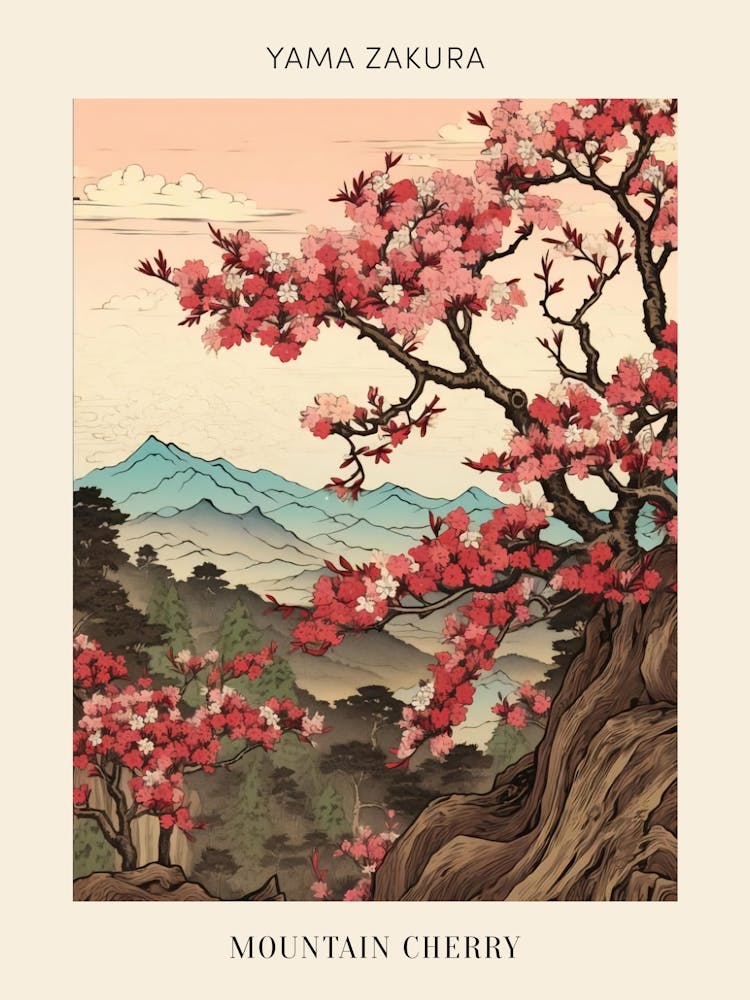 Yama Zakura Cerisier des Montagnes 2 Affiche d'Illustration Botanique Japonaise