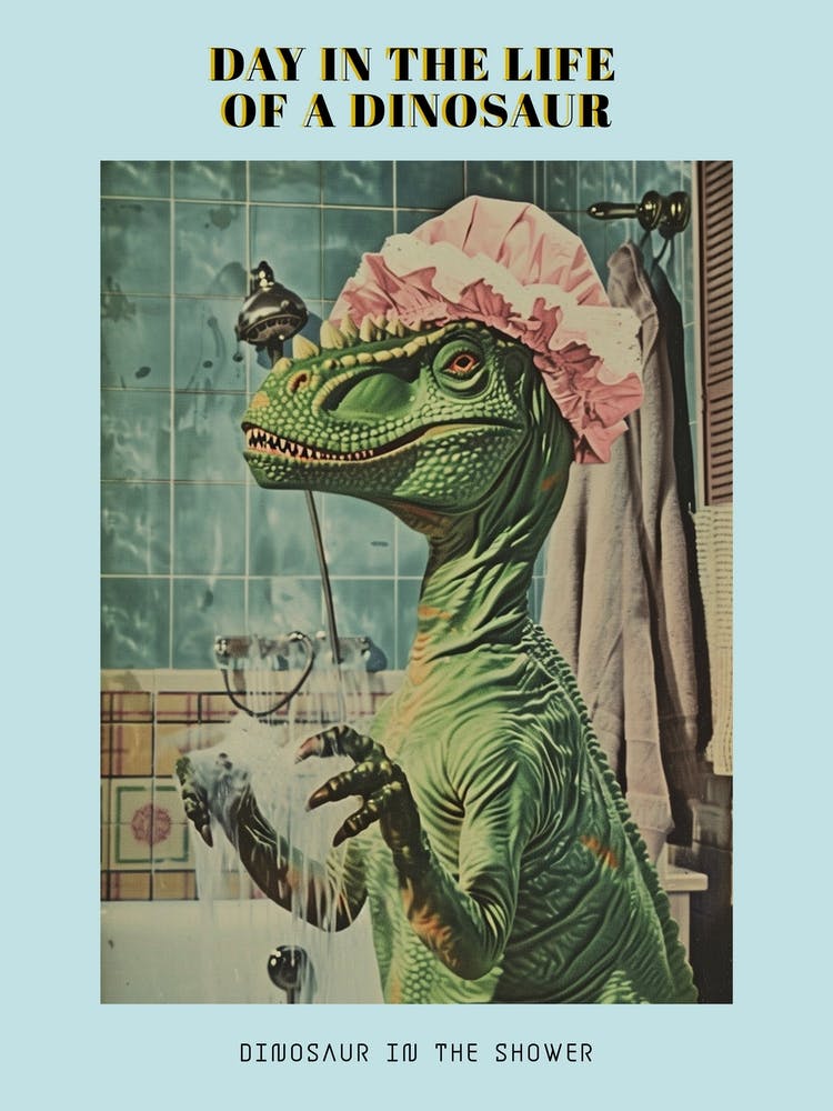 Dinosaur In The Shower With A Shower Cap Retro Collage 1 Poster