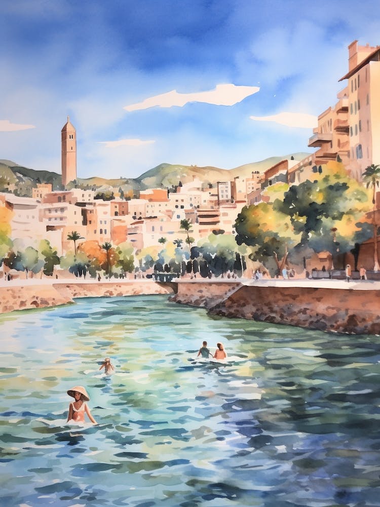 Swimming In Malaga Spain Watercolour