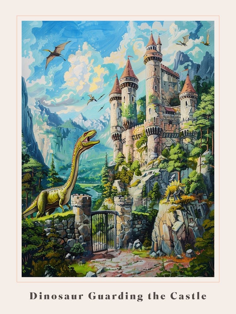 Dinosaur Guarding The Castle Painting Poster