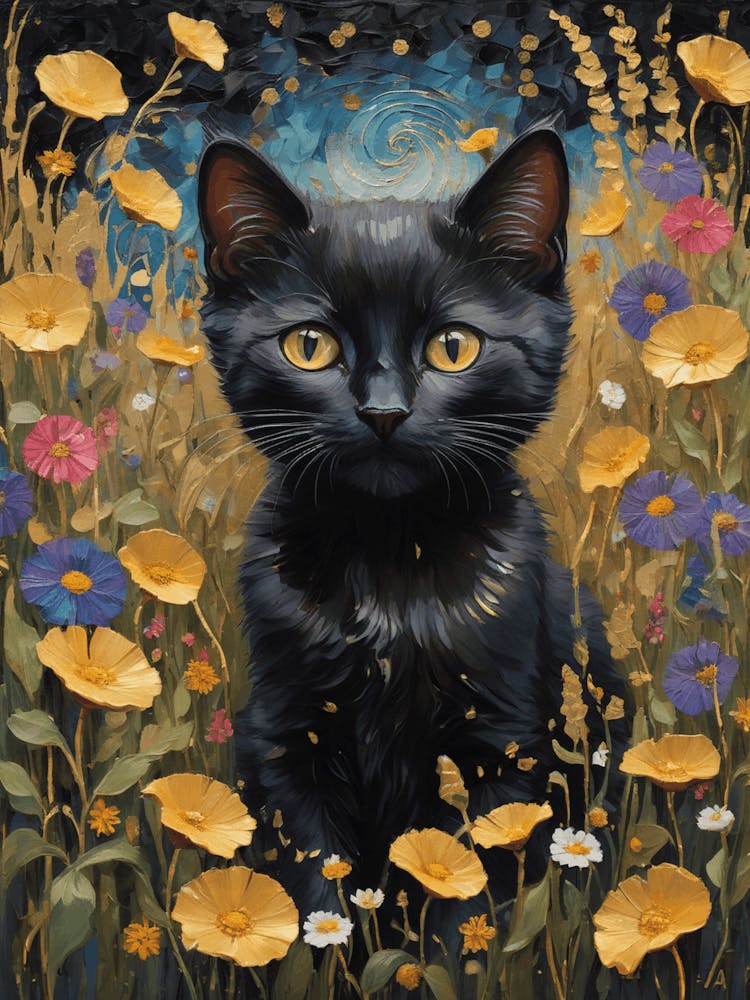 Klimt Style Black Kitten Cat in English Garden Wild Flowers Gold Leaf Painting - Gustav Klimt Monet Waterlillies HD High Resolution Poppies 3