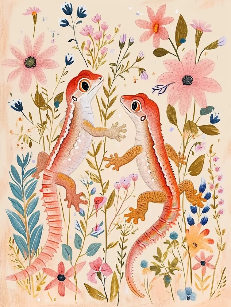 Folksy Floral Animal Drawing Salamander 2