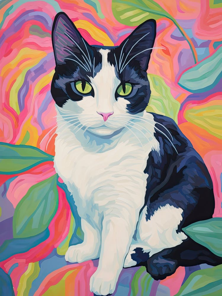 Black And White Cat In Colourful Flower Background