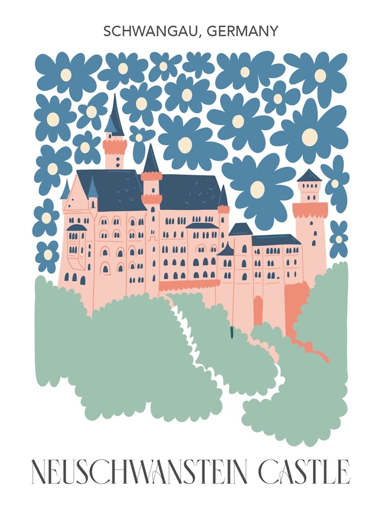 Neuchwanstein Castle   Schwangau, Germany, Travel Poster In Cute Illustration