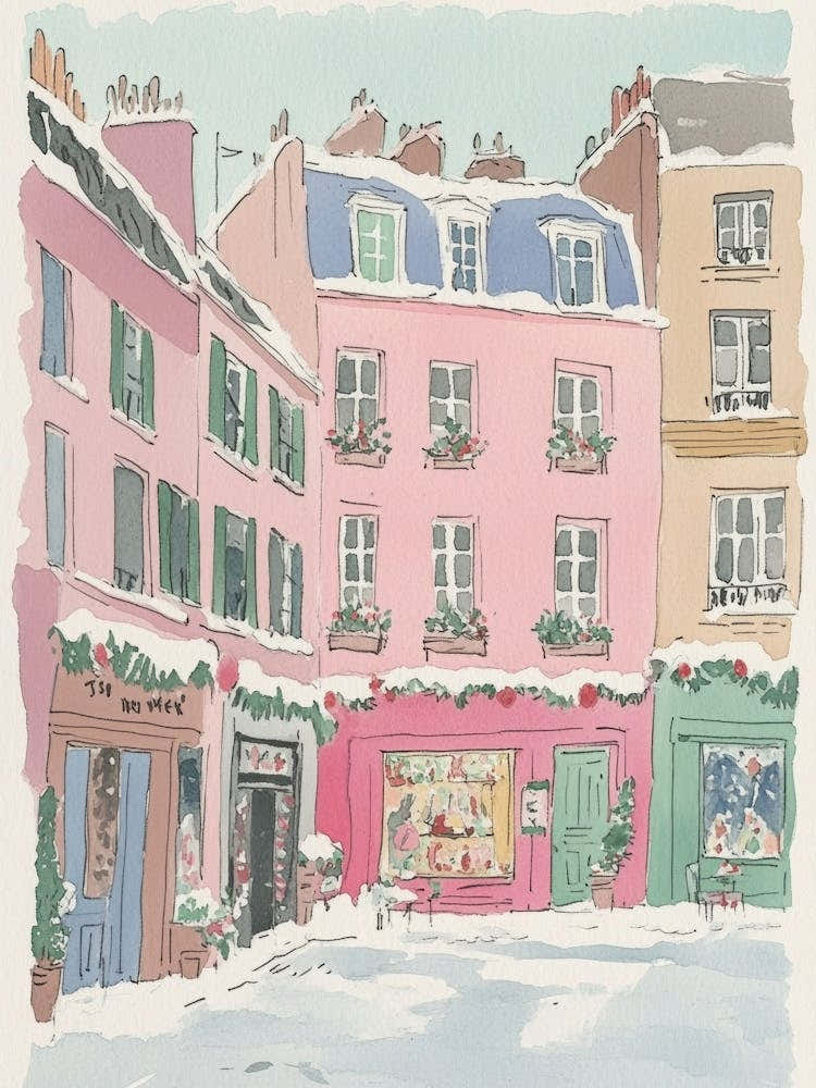 Christmas In Paris. Watercolor Retro