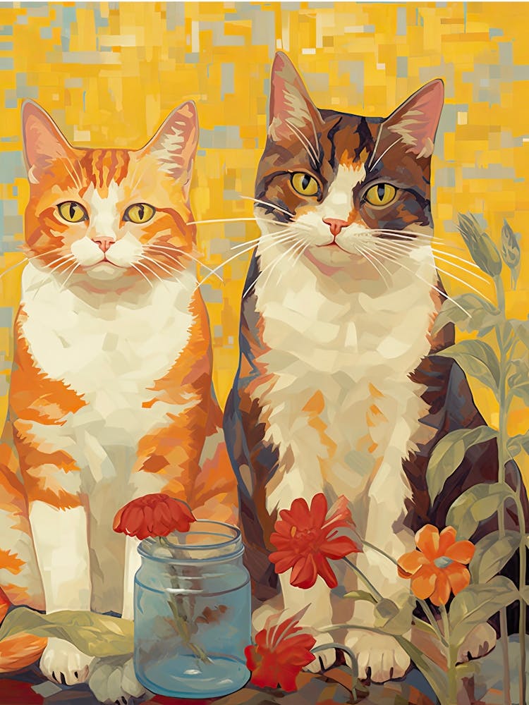 Orange And White Cats With Flowers Oil Painting