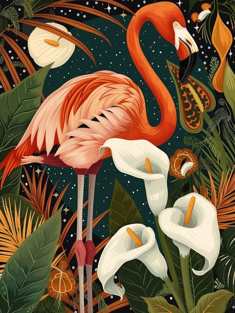 Greater Flamingo And Calla Lily Boho Print 1