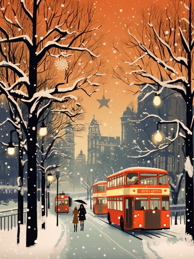 Winter Travel Night Illustration London United Kingdom 3