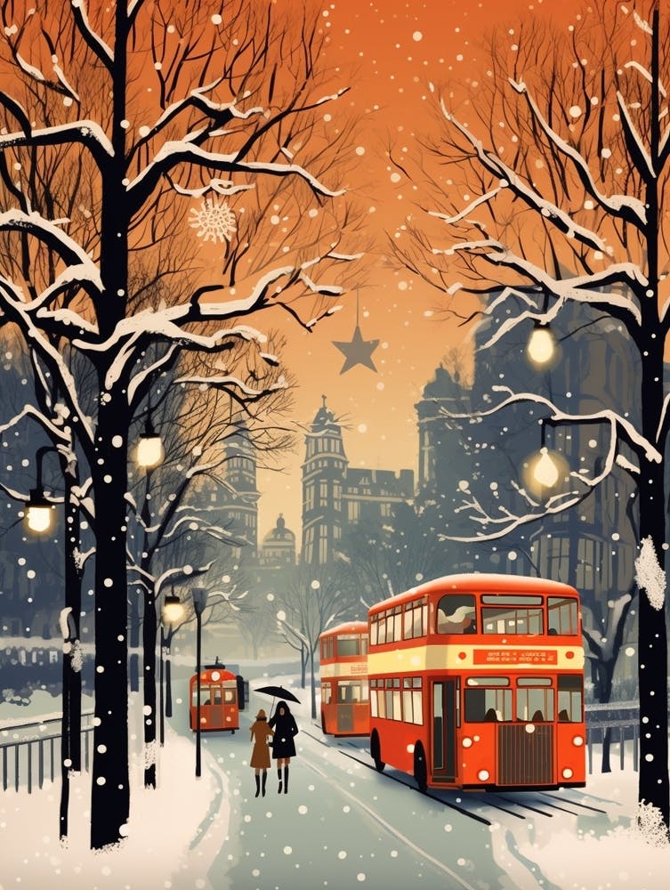 Winter Travel Night Illustration London United Kingdom 3