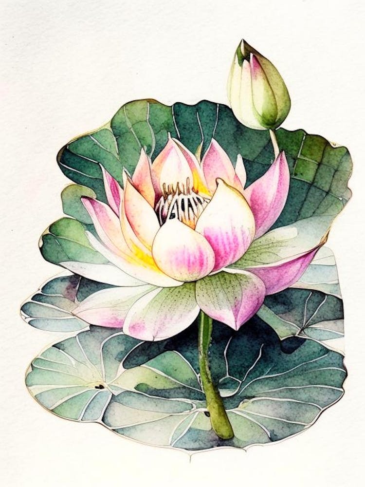 Blooming Lotus Flower In Pond Watercolour Ink Pencil 3