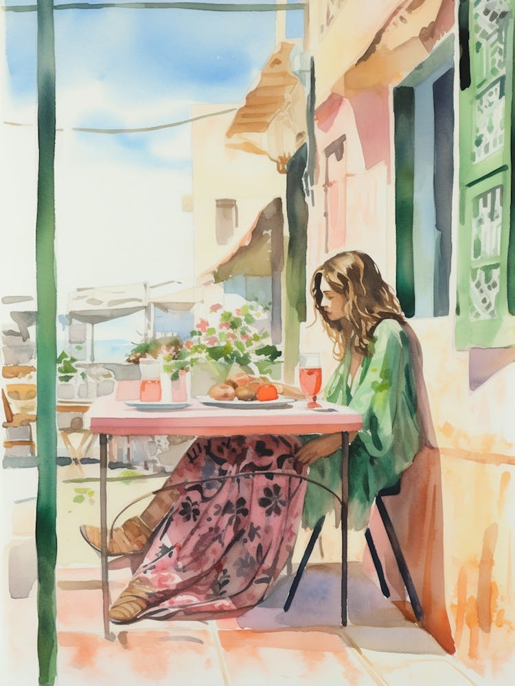 At A Cafe In Essaouira Morocco Watercolour