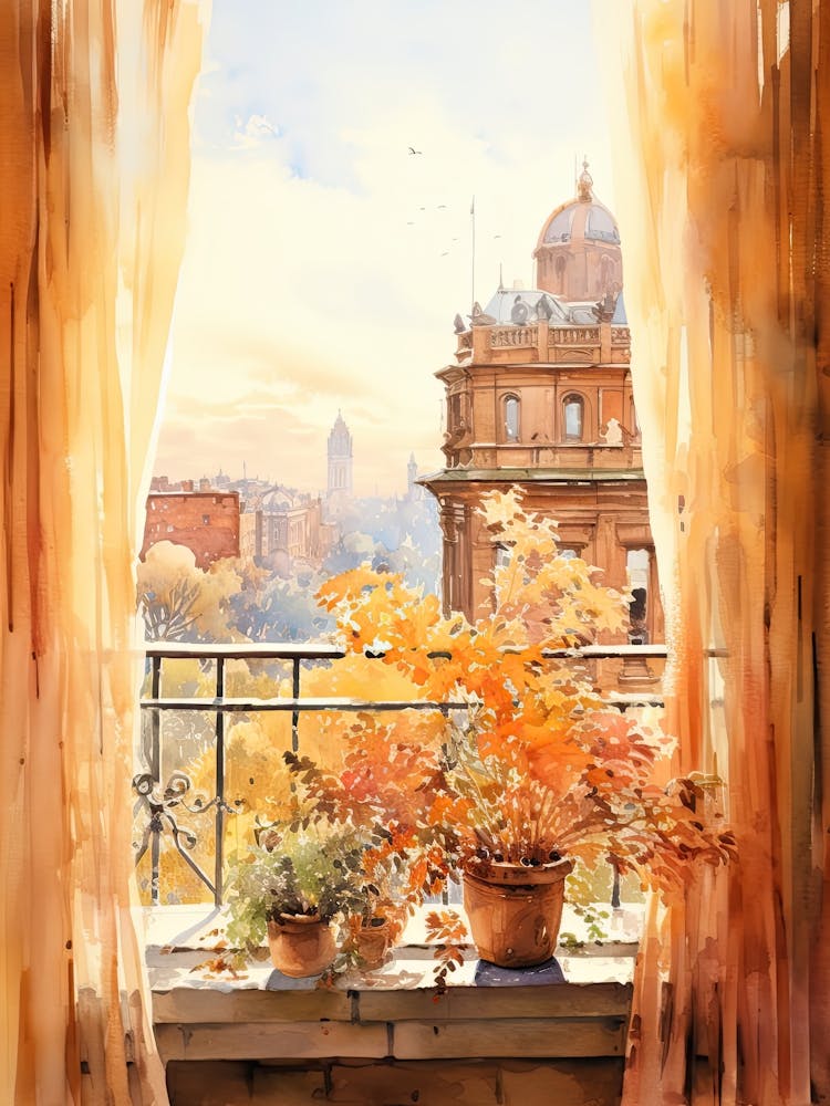 Window View Of Milan Italy In Autumn Fall, Watercolour 2