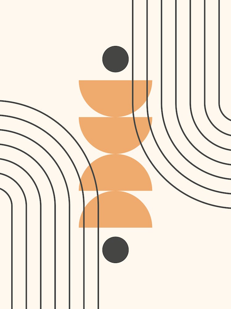 Mid Century Modern Geometric Abstract, Rainbow, Sun, Moon Phases in Black and Gold, Scandinavian, Boho by Nineflorals