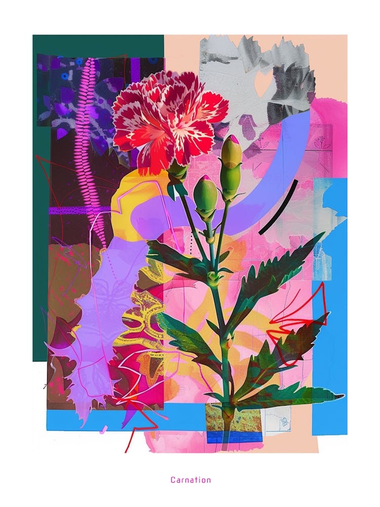 Carnation (Dianthus) 2 Neon Flower Collage Poster