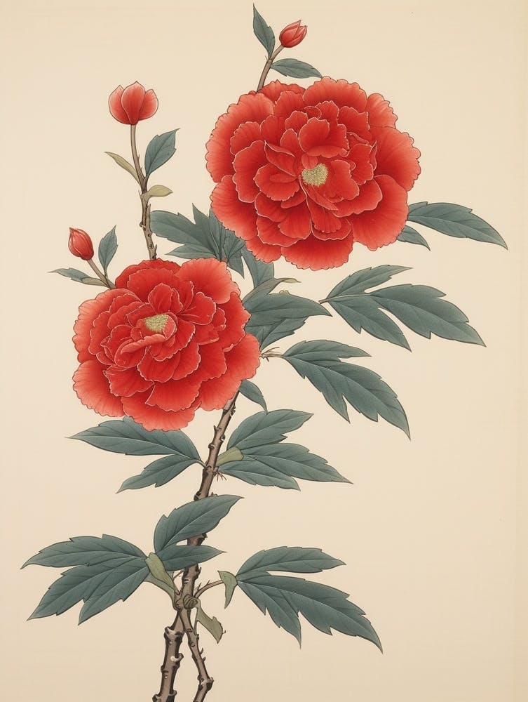 Higanatsu Red Camellia4 Vintage Japanese Botanical
