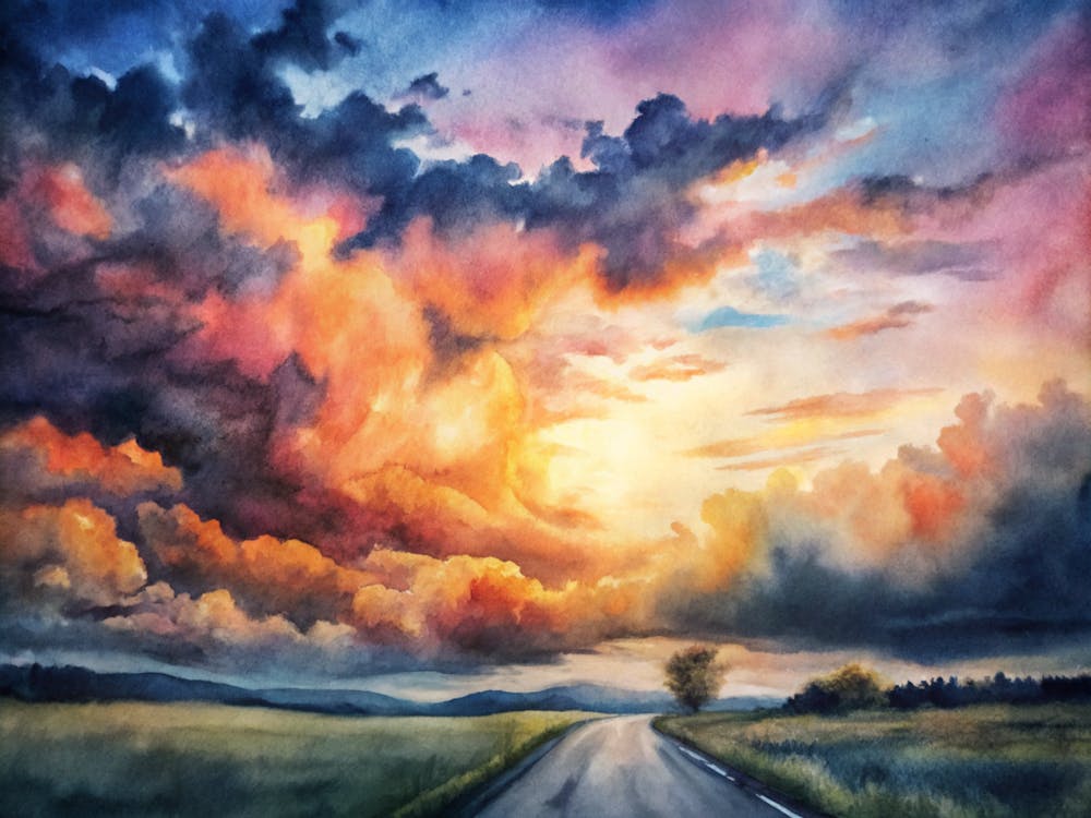 A Dramatic Sunset With Vivid Clouds And A Road Di (1)