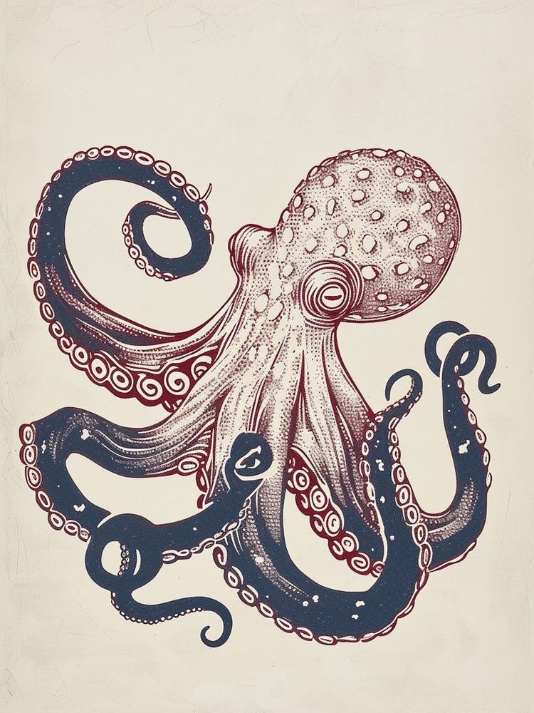 Sepia Red Navy Blue Gradient Octopus