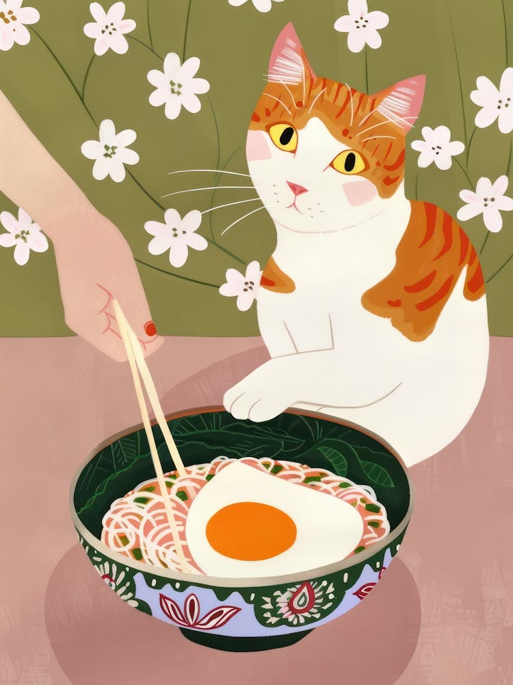 Ramen Noodles And Cat