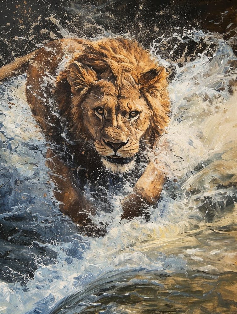 Afrikanischer Löwe überquert einen Fluss Acrylgemälde 3