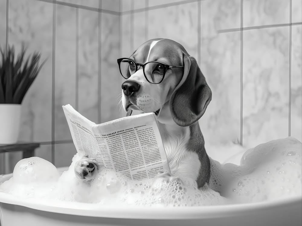 Beagle In Bathtub Wall Art, Dog Reading Newspaper In Bubble Bath Poster, Black And White Print, Funny Wall Art, Bathroom Wall Decor