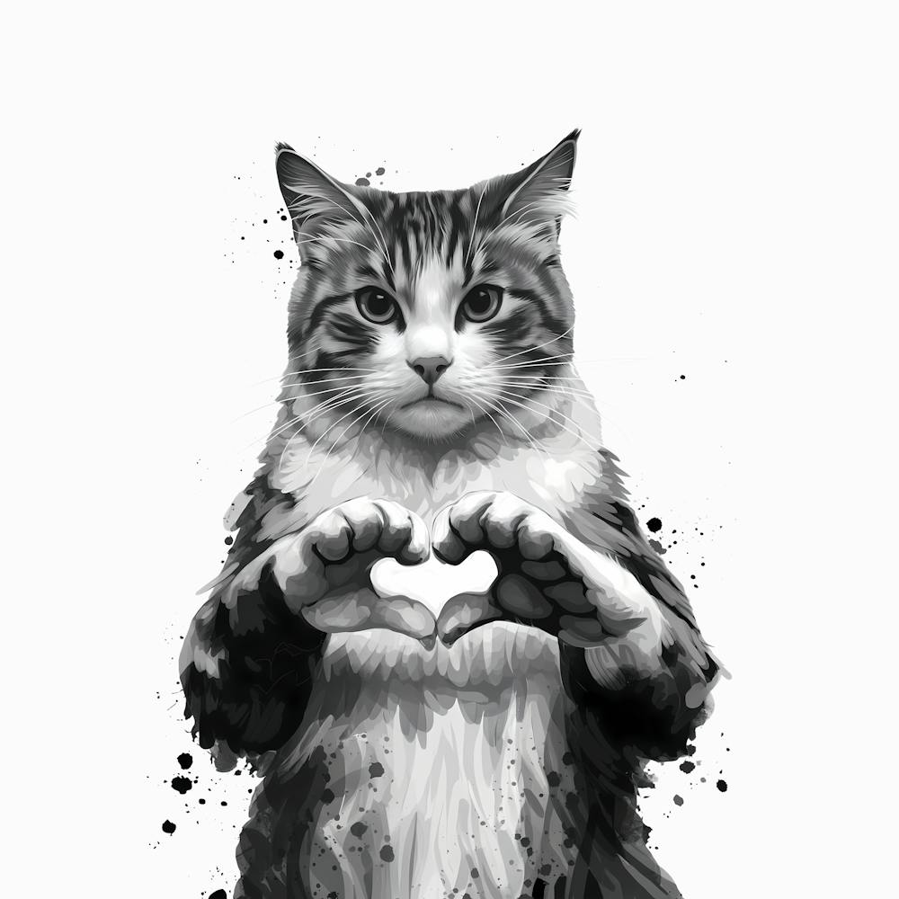 Cat Making A Heart Sign, Black and White