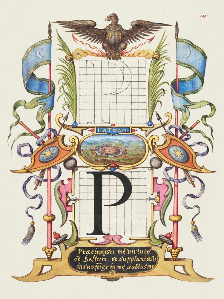 Guide For Constructing The Letter P From Mira Calligraphiae Monumenta, Joris Hoefnagel