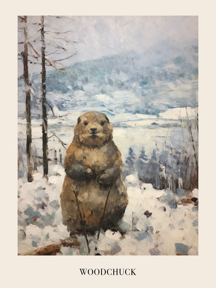 Vintage Winter Animal Painting Poster Woodchuck 2